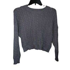 Womens Charcoal Grey Cable Knit Cropped Sweater Crew Neck Long Sleeve
